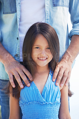 Buy stock photo Smile, happy portrait and young child, girl or kid with hands of parents, father or dad for support, care and bonding. Youth development, childhood growth and daughter happiness for family love 