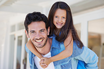 Buy stock photo Hug, piggyback and portrait of happy kid, father or family smile for home fun, happiness and enjoy time together. Youth girl, daughter and child bonding, ride and playing with dad on house patio