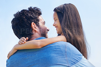 Buy stock photo Hug, blue sky and happy family affection of father, child or people smile for outdoor sunshine, love and quality time together. Youth girl, embrace and young child bonding with dad, papa or man