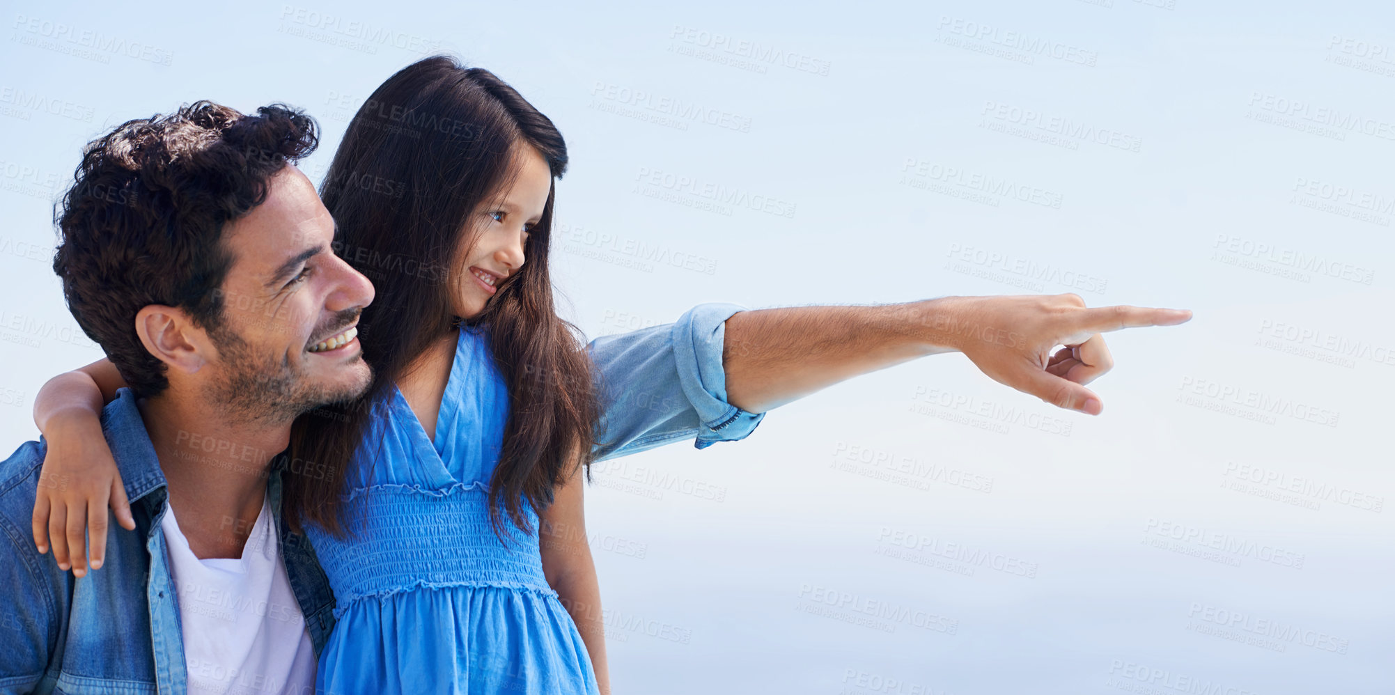 Buy stock photo Love, blue sky and happy father, child and pointing at outdoor view, direction and natural freedom. Wellness, peace or relax dad, papa or man bonding, support and care for daughter, girl or youth kid