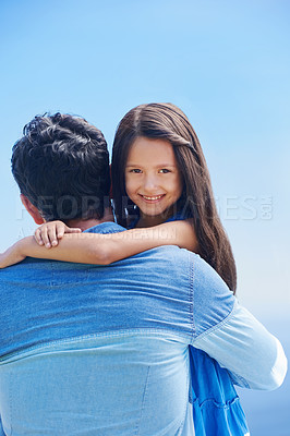 Buy stock photo Hug, blue sky and happy portrait of father, child or family smile for outdoor freedom, wellness and enjoy quality time together. Support, love embrace and kid girl bonding with dad on Italy vacation
