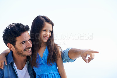 Buy stock photo Love, sky and happy dad, kid and person point at outdoor view, direction and family holiday destination. Wellness, travel gesture and relax dad, papa or man bonding, support or care for child