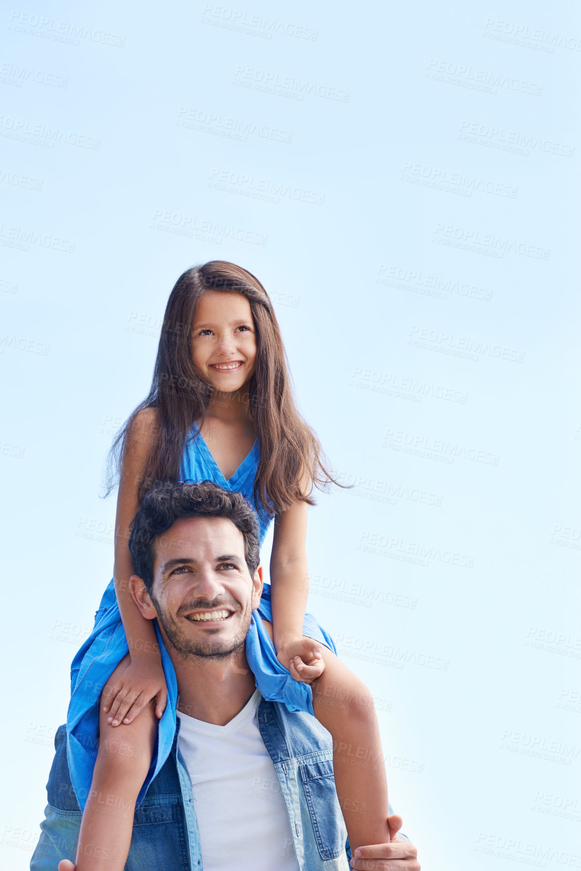 Buy stock photo Blue sky, piggyback and happy family father, child or people looking at mockup space, future or outdoor view. Shoulder ride, summer sunshine and relax kid bonding with dad on travel, vacation or walk