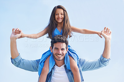 Buy stock photo Blue sky, piggyback and happy family portrait of father, child or people having fun, playing outdoor game and bonding. Shoulder ride, summer sunshine and relax kid and dad smile for peace and freedom