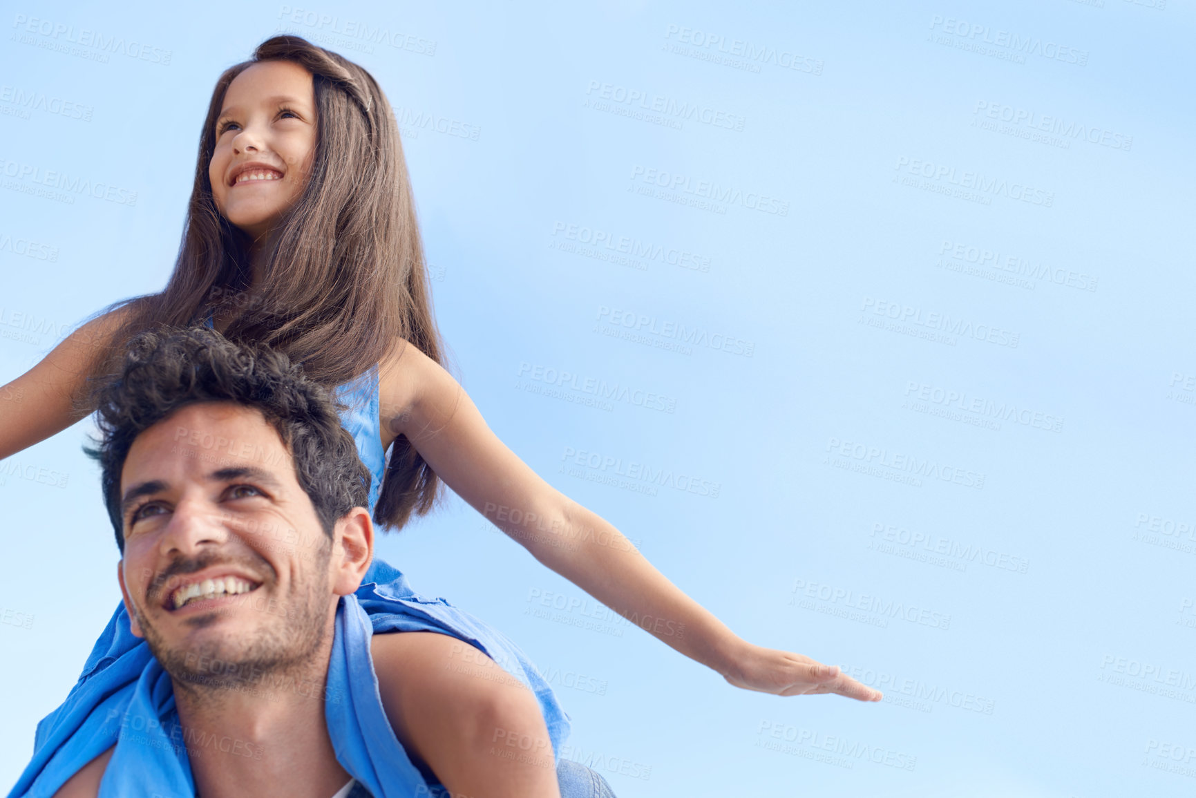 Buy stock photo Blue sky, piggyback and happy family dad, kid or people looking at mockup, nature holiday or outdoor view. Fun shoulder ride, freedom and child bonding with dad on travel, vacation or relax walk