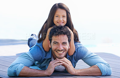 Buy stock photo Love, relax and floor portrait of happy family father, child or people smile for Fathers day quality time together. Support trust, childhood and young kid, girl or youth bonding with dad, papa or man