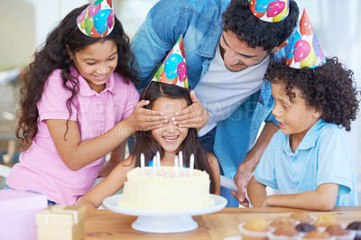 Buy stock photo Birthday cake surprise, party or happy family kids excited for special event, dessert food or celebration snack. Eyes covered, excitement and fun friends, dad and group of children smile for girl   
