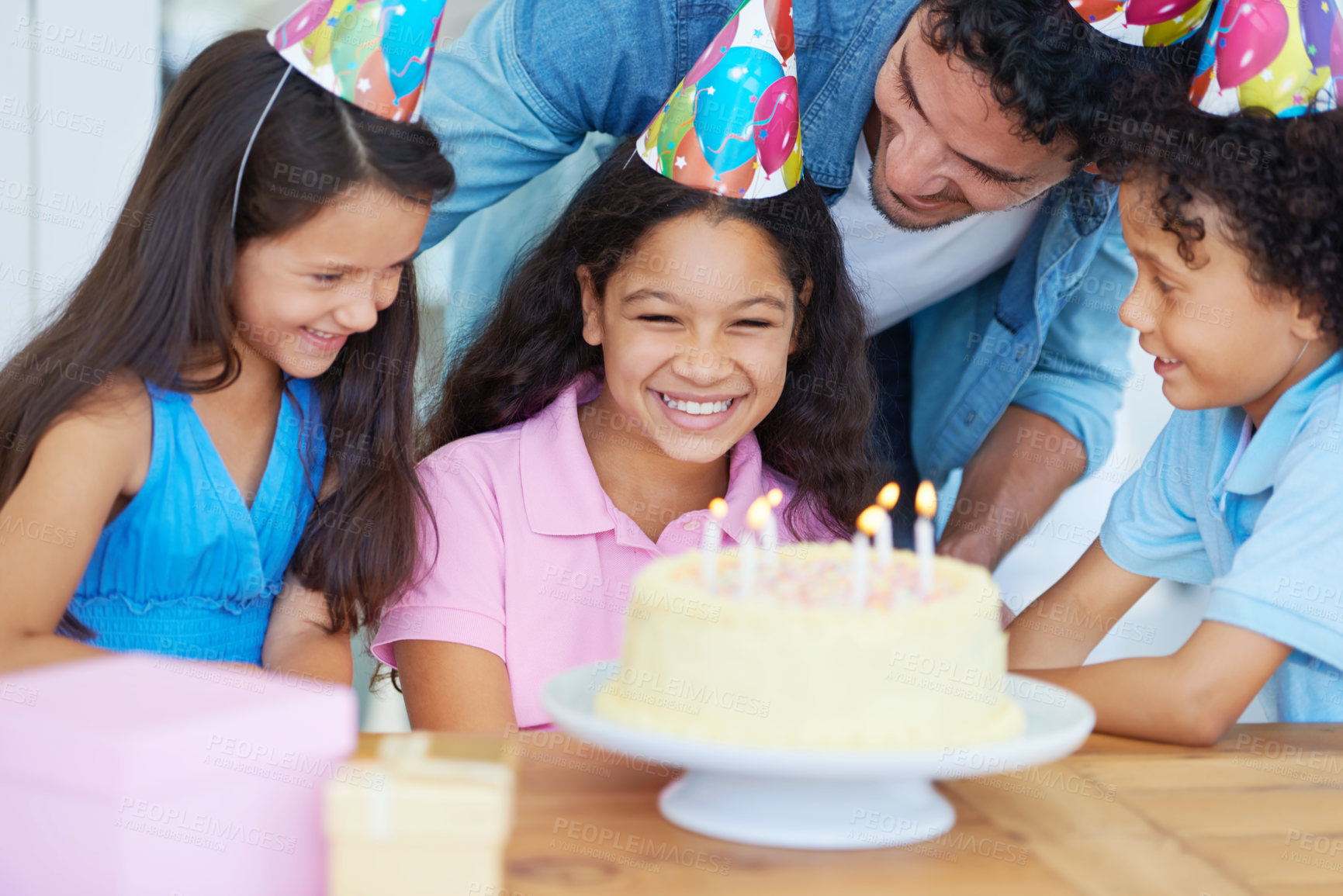 Buy stock photo Birthday party cake, father and happy kids celebrate special event with friends, family and surprise dessert food. Fun celebration, congratulations and children excited for youth growth of young girl
