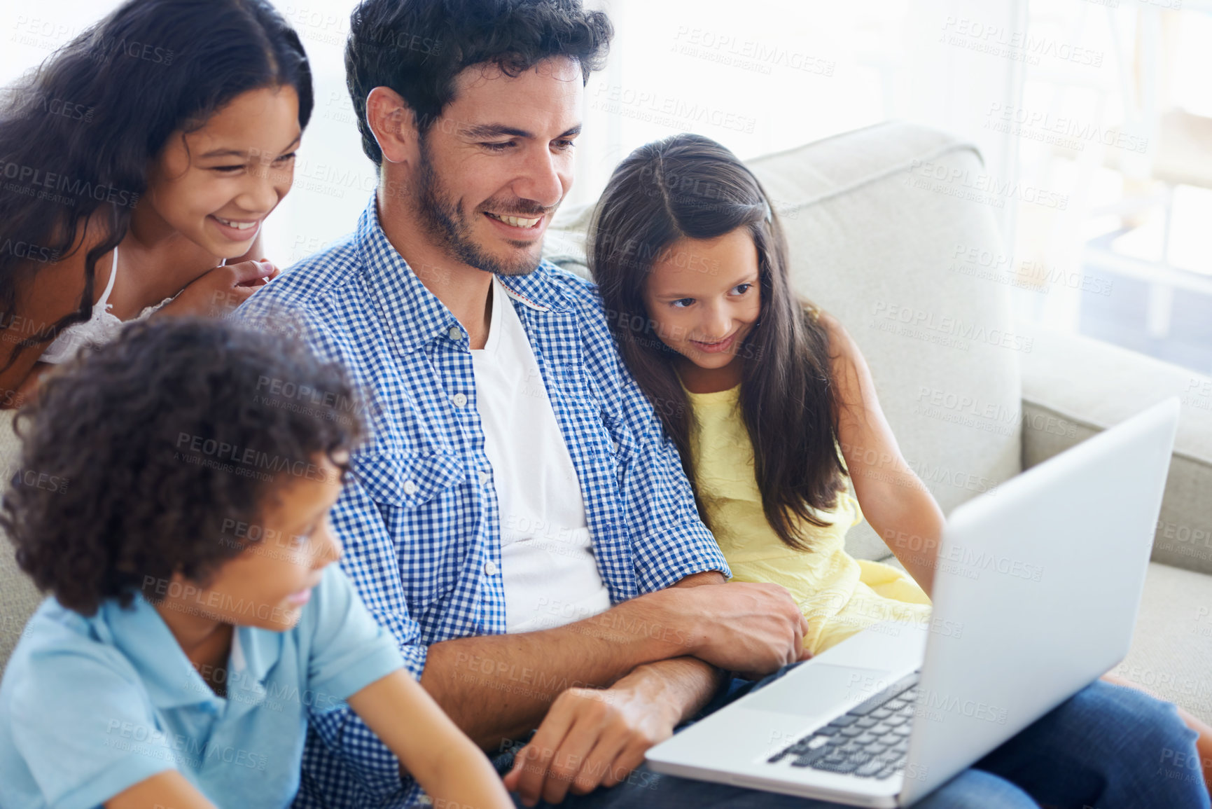 Buy stock photo Laptop, happy family and dad with kids watching social network video, online entertainment show or digital movies. Smile, care and group of children with father streaming home subscription movie