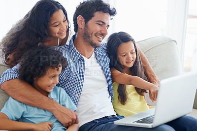 Buy stock photo Laptop pointing, hug and dad and children gesture at social media video, online website or kid friendly movies. Together, bonding and happy family kids with father streaming home broadcast film on pc