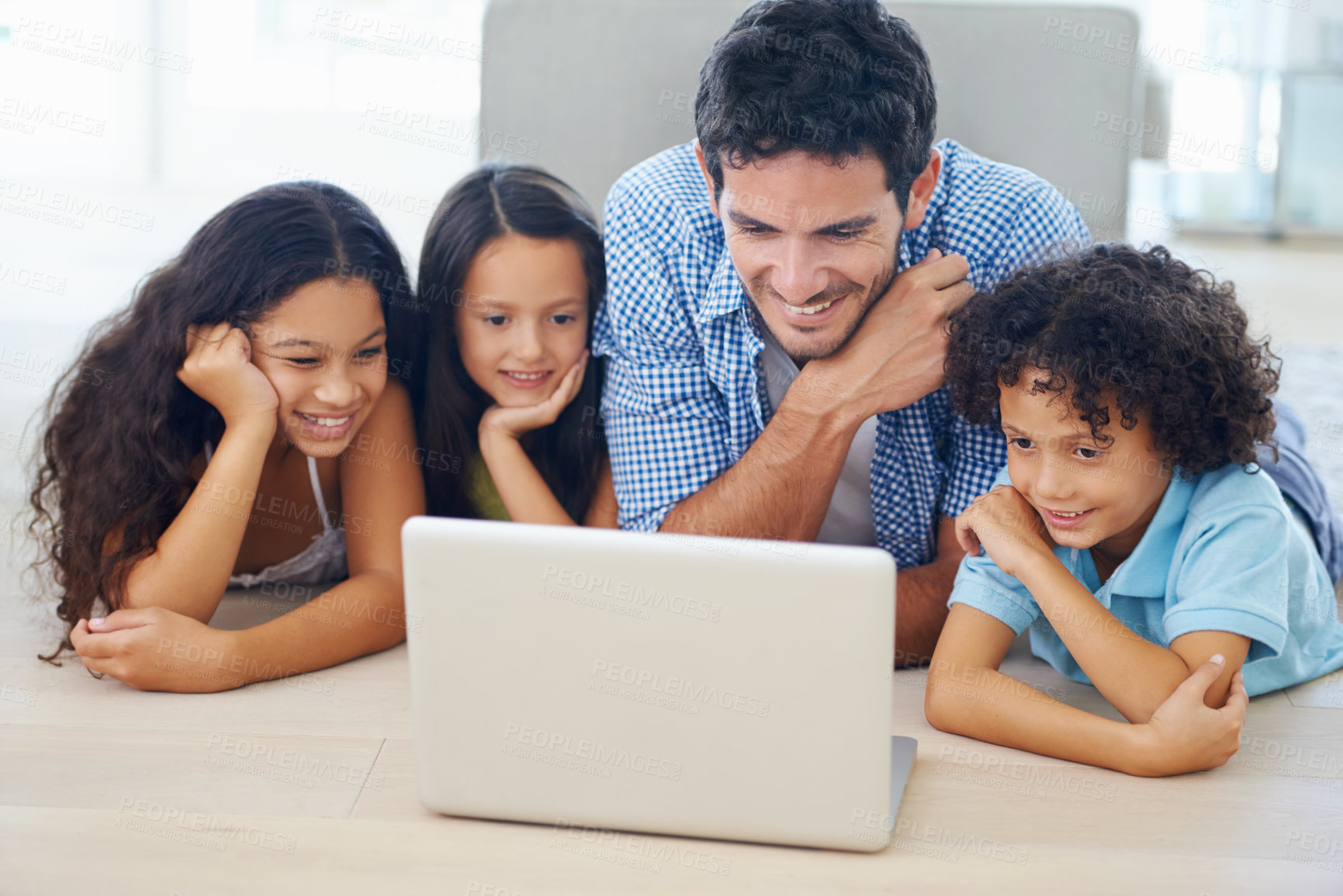 Buy stock photo Laptop, relax on floor and dad and children watching social media video, online website or family movies. Adoption, bonding and happy family kids with father streaming home broadcast film on pc