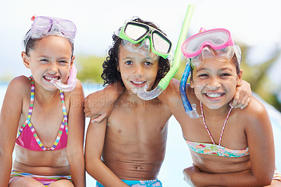 Buy stock photo Pool, happy and portrait of children with goggles for swimming lesson, activity or hobby fun. Smile, snorkeling and kids with equipment for skill or tricks in water of outdoor backyard at home.