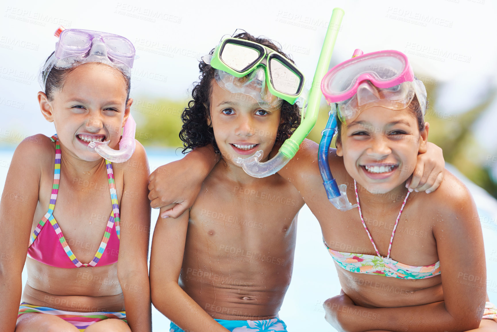 Buy stock photo Pool, happy and portrait of children with goggles for swimming lesson, activity or hobby fun. Smile, snorkeling and kids with equipment for skill or tricks in water of outdoor backyard at home.