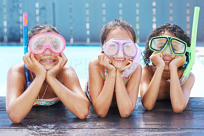 Buy stock photo Pool, smile and portrait of children with goggles for swimming lesson, activity or hobby fun. Happy, snorkeling and girl kids with equipment for skill or tricks in water of outdoor backyard at home.