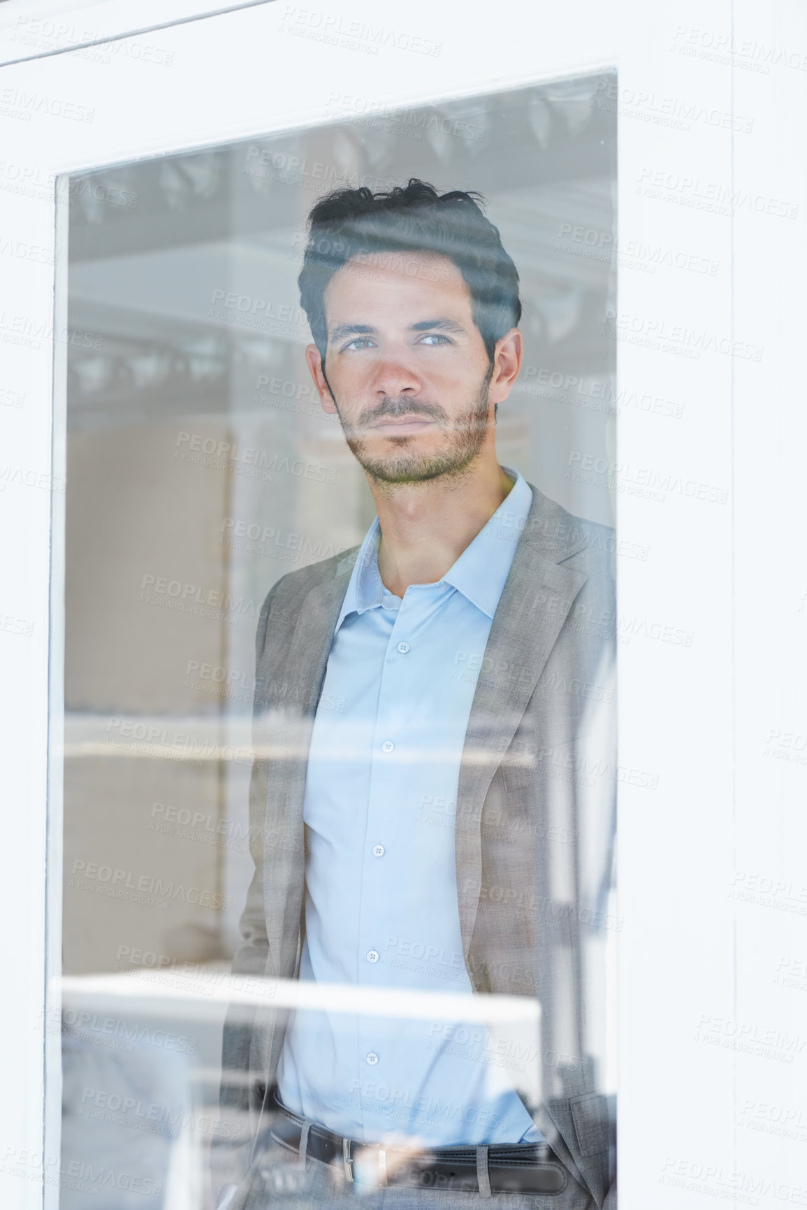 Buy stock photo Man, serious by window and thinking of business ideas, brainstorming or reflection with insight and inspiration. Corporate professional, mission with decision and future in company with planning