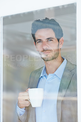 Buy stock photo Man, coffee and window with thinking of business ideas, brainstorming or reflection with insight and inspiration. Corporate professional, tea break with decision and future in company with planning