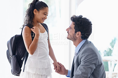 Buy stock photo Holding hands, education and father with girl in morning talking, in conversation and greeting bye for school. Family, home and happy dad speaking to young girl ready for learning, class and lesson