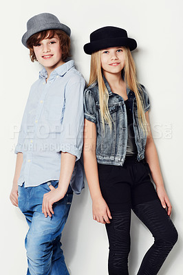 Buy stock photo Portrait of two young kids posing in studio