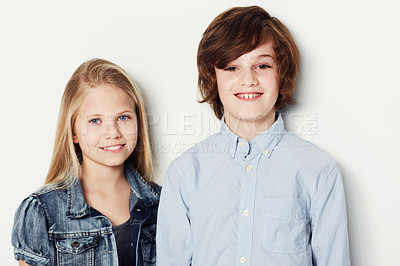 Buy stock photo Happy, portrait and children or siblings on a white background for fashion, style and clothes. Smile, cute and a boy, girl and kids in a studio for fashionable youth and clothing on a backdrop
