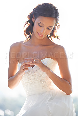 Buy stock photo Bride, happy woman in dress or ring for wedding with celebration outdoor, summer or ceremony. Marriage, elegant jewellery and bridal garment for commitment and love, social event in nature or park
