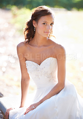Buy stock photo Bride, woman and portrait for marriage with celebration outdoor, summer or spring with ceremony. Wedding, elegance and bridal garment or dress for commitment and love, social event in nature park