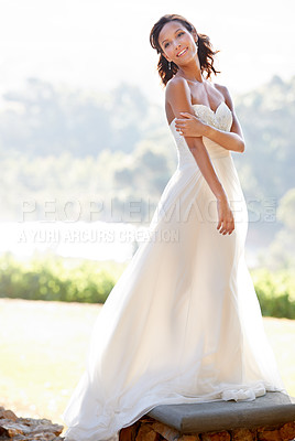 Buy stock photo Bride, woman and wedding dress outdoor in summer or spring with ceremony celebration. Marriage, elegant person and bridal garment for commitment and love, social event in nature park and sunshine