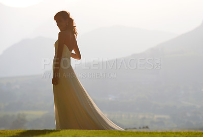 Buy stock photo A beautiful bride with a scenic view in the background