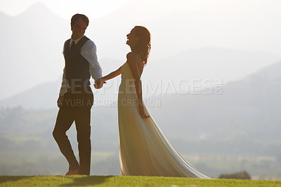 Buy stock photo Walking, park or happy couple in wedding for outdoor celebration, care or ceremony event. Marriage, funny groom or bride laughing in bridal garment for commitment, love or fashion in summer or garden