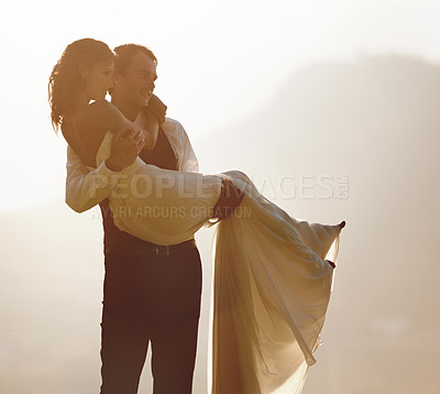 Buy stock photo Groom, nature or carrying bride in wedding for outdoor celebration, care or ceremony event. Smile, romantic people or happy couple in bridal dress for commitment, love or marriage in park for space