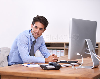 Buy stock photo Businessman in office, thinking or planning with research, review and ideas for problem solving. Corporate, workflow and professional consultant in workplace for project vision, choice and solution