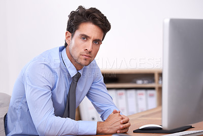 Buy stock photo Businessman, portrait and planning a proposal on computer, networking and feedback on report in office. Male professional, technology and face for connection, internet and online research or email