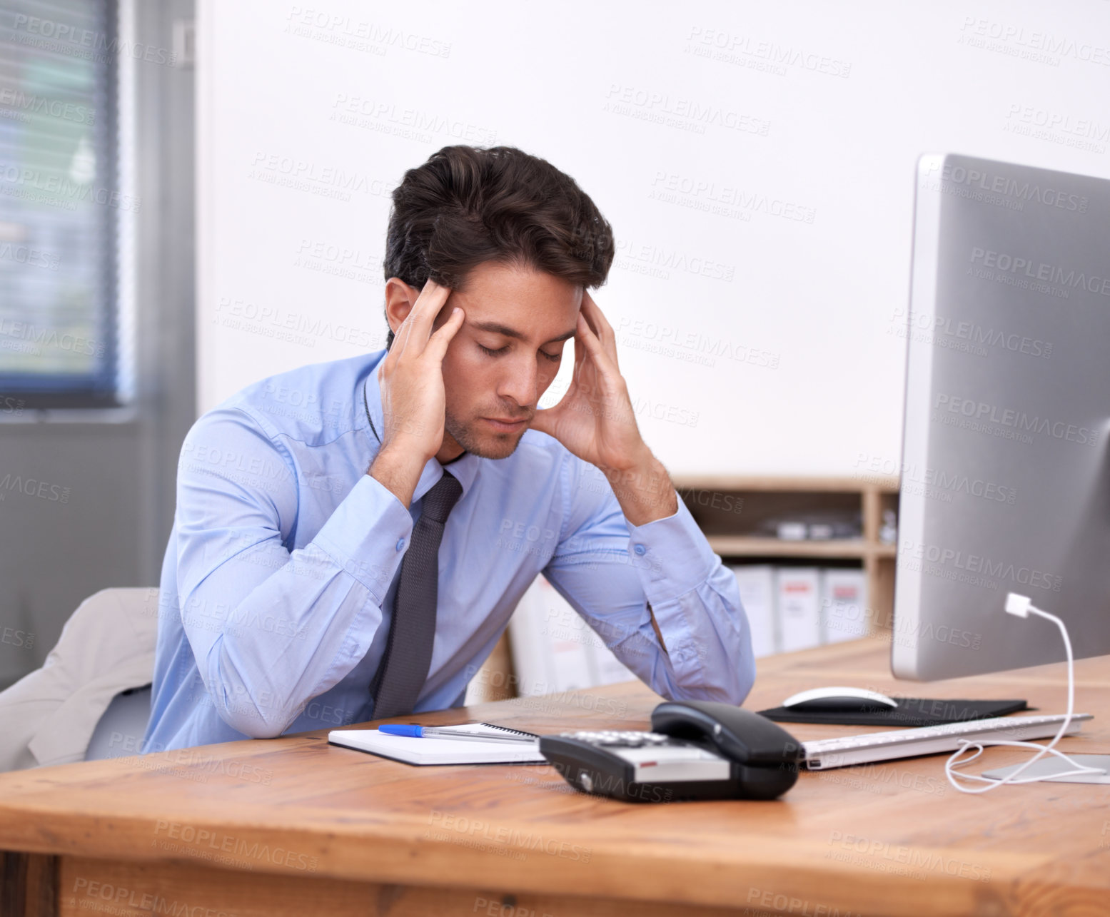 Buy stock photo Stress headache, business man and tired employee from corporate career in office. Anxiety, lawyer deadline and burnout of a male professional with pain, frustrated and staff with fatigue at desk