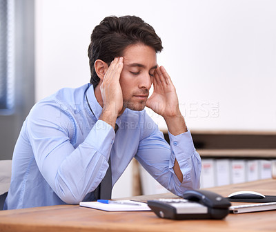 Buy stock photo Headache, business man and stress at job from corporate career in office. Bankruptcy anxiety, tired company worker and burnout of a male person debt with policy deadline and report with fatigue