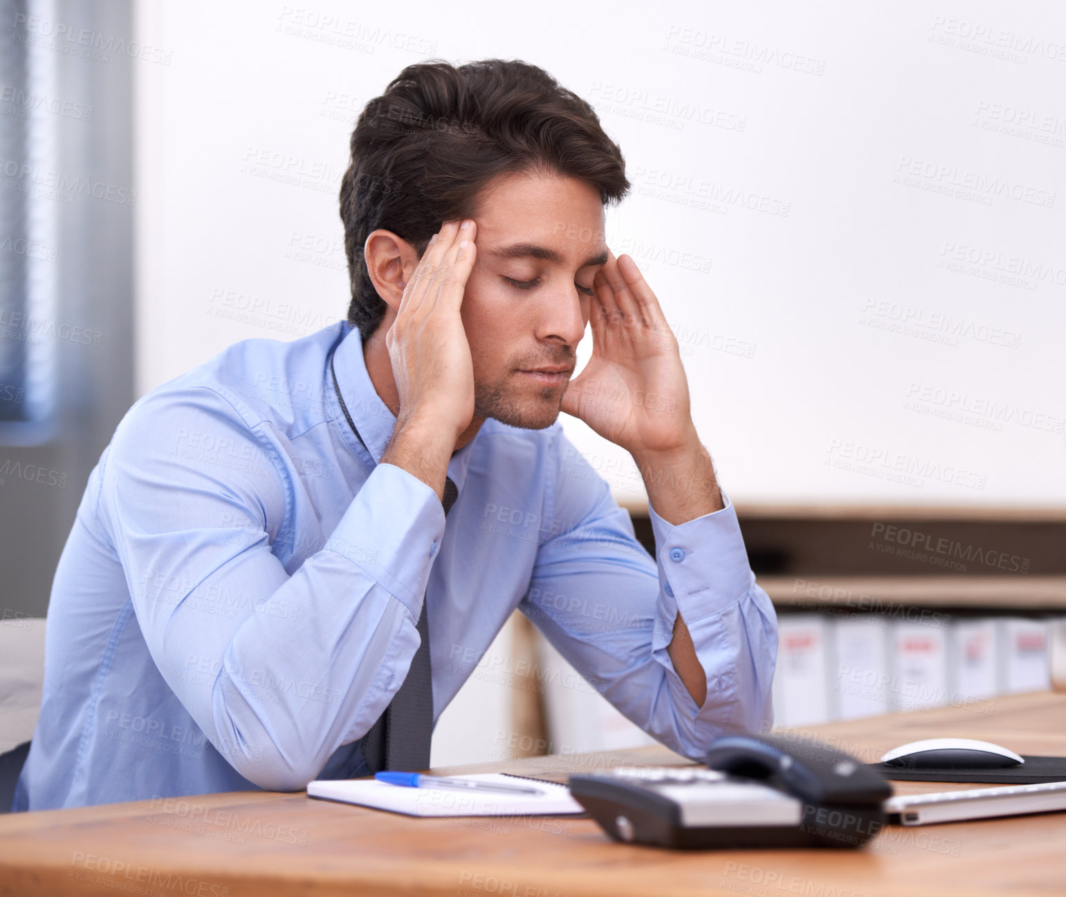 Buy stock photo Headache, business man and stress at job from corporate career in office. Bankruptcy anxiety, tired company worker and burnout of a male person debt with policy deadline and report with fatigue