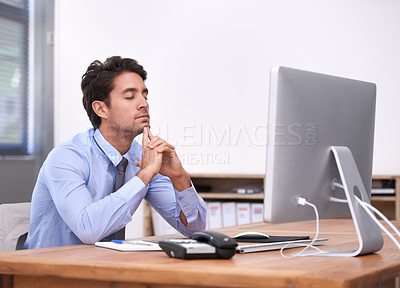 Buy stock photo Businessman, thinking and planning  proposal on computer, networking or feedback on report in office. Tired male professional, technology and waiting for connection, internet and research for company