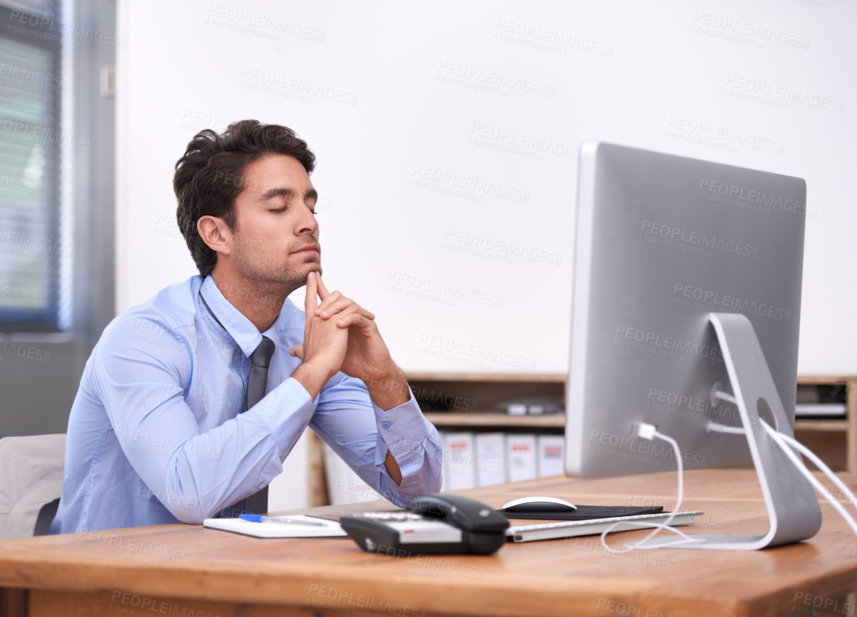 Buy stock photo Businessman, thinking and planning  proposal on computer, networking or feedback on report in office. Tired male professional, technology and waiting for connection, internet and research for company