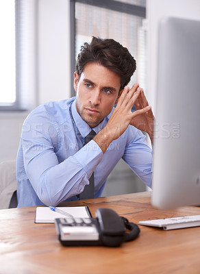 Buy stock photo Businessman, thinking or planning with research, ideas and doubt for problem solving in office. Corporate, confused and professional consultant in workplace for project vision, choice and solution