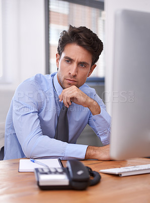 Buy stock photo Businessman in office, thinking or planning with research, ideas and doubt for problem solving. Corporate, confused and professional consultant in workplace for project vision, choice and solution