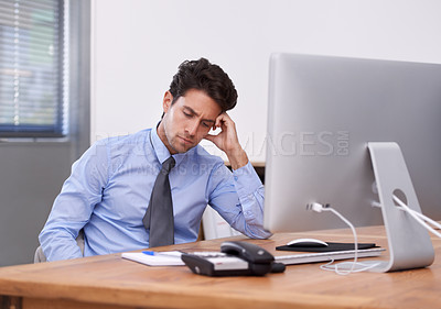 Buy stock photo Stress, business man and frustrated with sad problem and corporate bankruptcy in office. Anxiety, lawyer deadline and burnout of a male professional with workplace fail feeling depressed at a desk