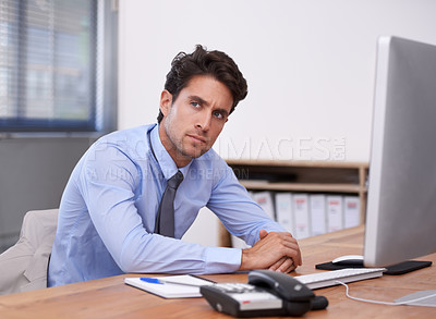 Buy stock photo Businessman in office, thinking or problem solving with research, ideas and doubt for planning. Corporate, confused and professional consultant in workplace for project vision, choice and solution