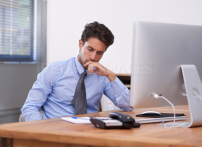 Buy stock photo Business man, burnout and thinking at work with paralegal in office, stress about job and overworked. Disappointed, depression and pressure with tired employee at desk, crisis or disaster with sad