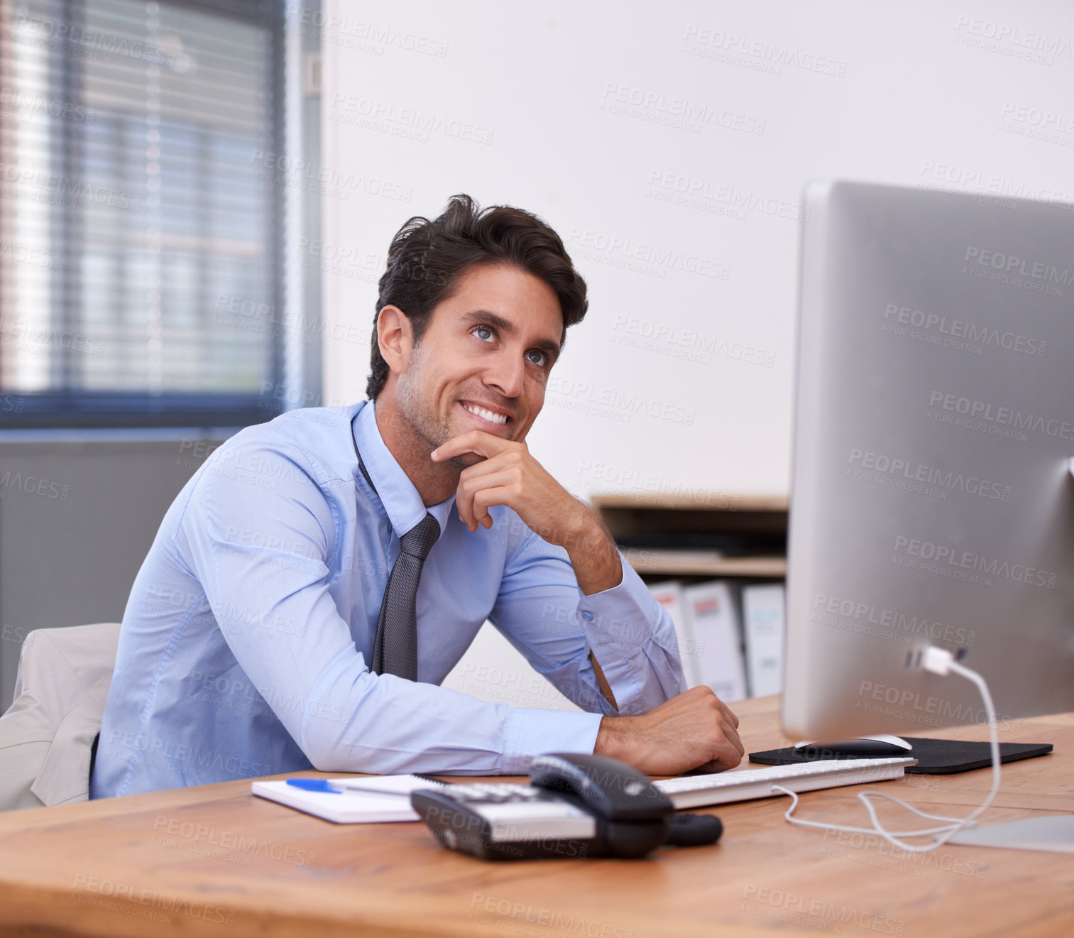 Buy stock photo Businessman, smile and planning a proposal on computer, networking and feedback on report in office. Male professional, technology and internet for connection, thinking and online research or email