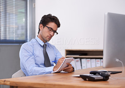 Buy stock photo Business man, thinking and writing notes in notebook, contemplating ideas and information in workplace. Male professional, planning and agenda for schedule or strategy, company journal and solution