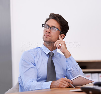 Buy stock photo Business man, thinking and ideas in notebook, contemplating company future and notes in workplace. Male professional, planning and agenda for schedule or strategy, journal and solution or information