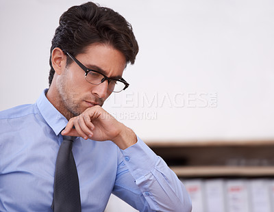 Buy stock photo Businessman, thinking and confident professional in office, relaxing and career pride in workplace. Male person, contemplating and startup or entrepreneur, ideas and planning for future company