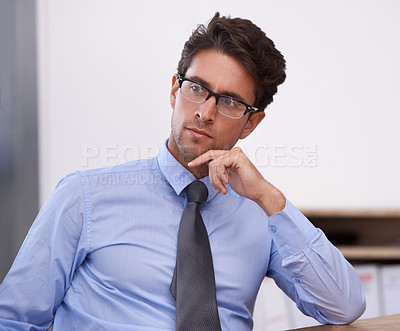 Buy stock photo Business man, glasses and vision or thinking future of company with inspiration and insight in career. Entrepreneur, professional brainstorming and mission, corporate problem solving and solution