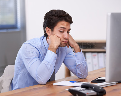 Buy stock photo Business man, burnout and bored with fatigue, paralegal in office and sad about job. Overworked, bored and tired employee at desk with glitch on computer, exhausted and not interested in work    