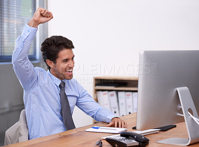 Buy stock photo Businessman, celebrating and computer for win in office, promotion and online competition or giveaway. Male professional, fist pump and career achievement, success and announcement or information