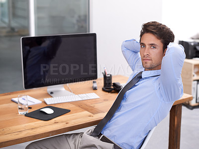 Buy stock photo Businessman, portrait and relaxing by computer screen, company and feedback on report in workplace. Male professional, technology and face for connection, internet and entrepreneur by mockup space