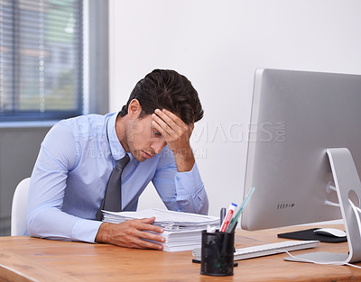 Buy stock photo Stress, business man headache and paperwork with law proposal from corporate career in office. Anxiety, lawyer deadline and burnout of male professional with notes, contract and report with fatigue